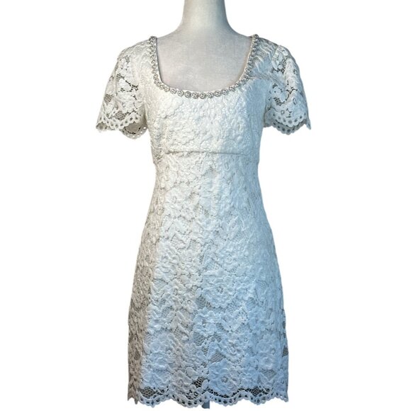LIKELY Isa Dress in White 6 New Womens Lace Crystal Pearl Trim Mini - Picture 5 of 15